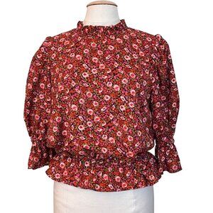 Ann Taylor Womens Floral Ruffle Neck Smock Prairie Boho‎ Cottagecore Blouse M